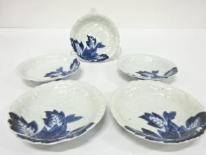 古伊万里　陽刻　染付　五寸皿　5客